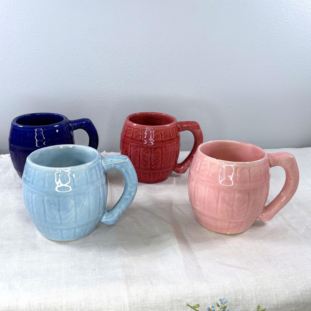 Vintage Ceramic Barrel Mugs Set of 4 Multi Color Glazed Farmhouse Coffee Cups